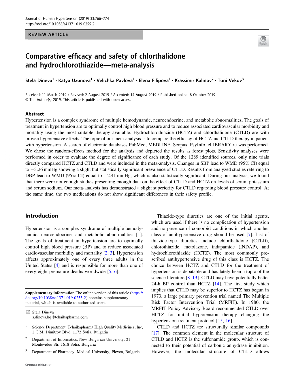 Comparative Efficacy and Safety of Chlorthalidone and Hydrochlorothiazideâ€”Meta-Analysis