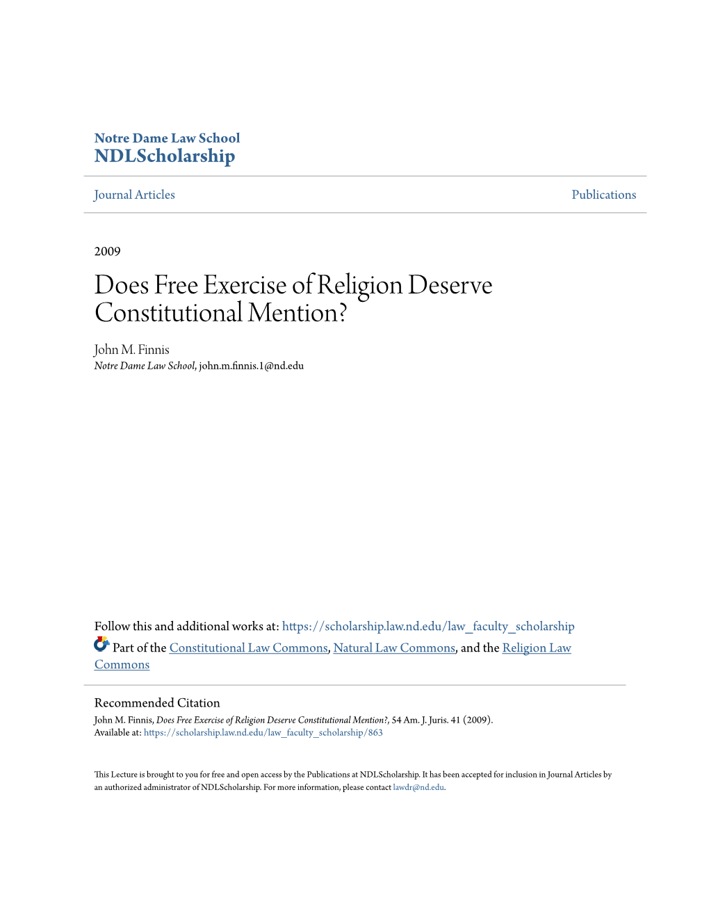 Does Free Exercise of Religion Deserve Constitutional Mention? John M