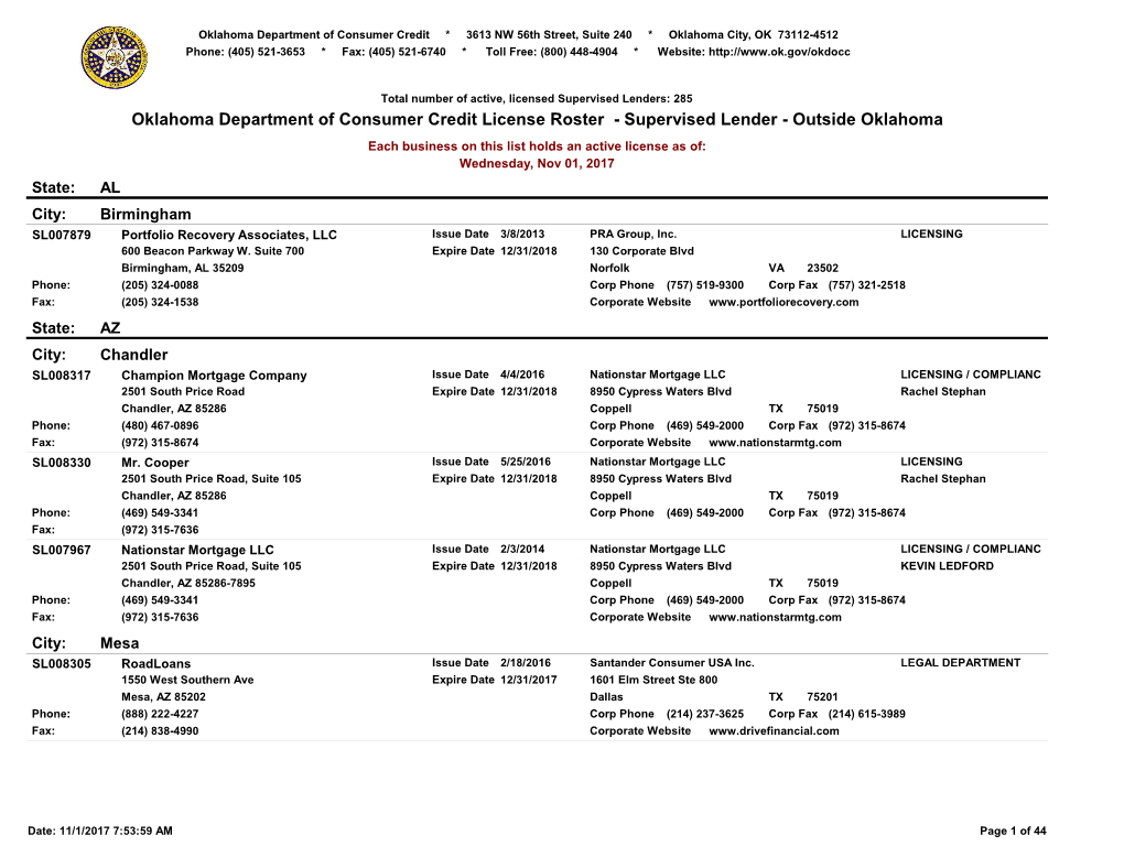 Oklahoma Department of Consumer Credit License Roster