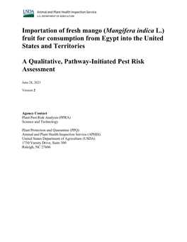 Importation of Fresh Mango (Mangifera Indica L.) Fruit for Consumption from Egypt Into the United States and Territories