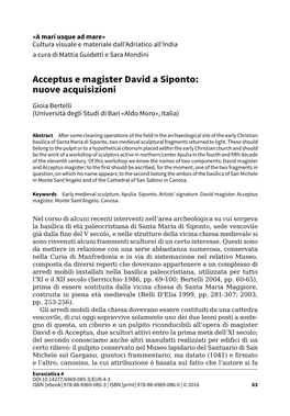 Acceptus E Magister David a Siponto: Nuove Acquisizioni