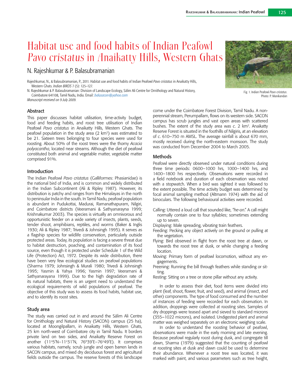 Habitat Use and Food Habits of Indian Peafowl Pavo Cristatus in Anaikatty Hills, Western Ghats N