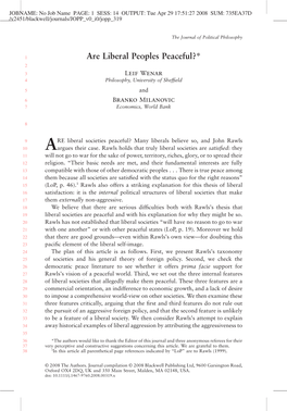 Are Liberal Peoples Peaceful?* 2 3 Leif Wenar 4 Philosophy, University of Shefﬁeld