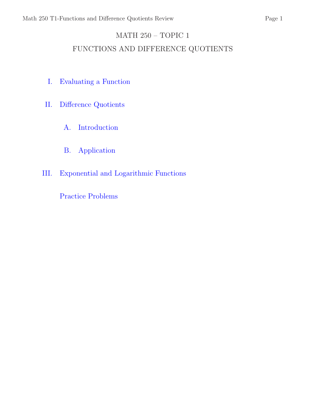 Math 250 – Topic 1 Functions and Difference Quotients I