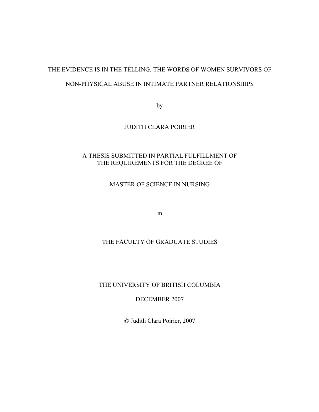 THE WORDS of WOMEN SURVIVORS of NON-PHYSICAL ABUSE in INTIMATE PARTNER RELATIONSHIPS by JUDITH