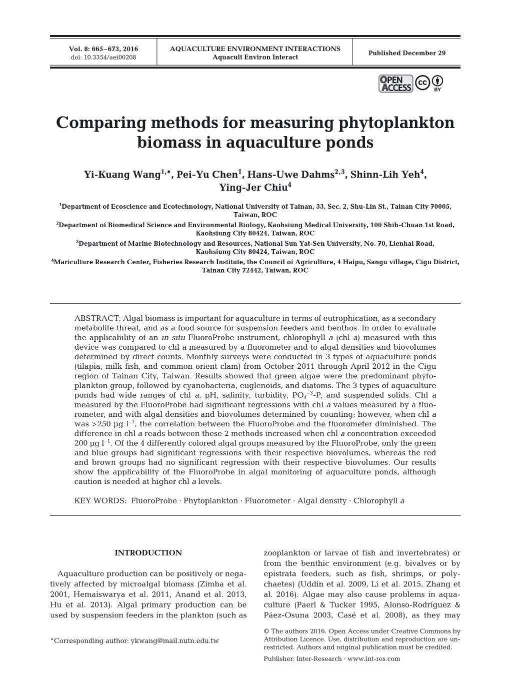 Comparing Methods for Measuring Phytoplankton Biomass in Aquaculture Ponds