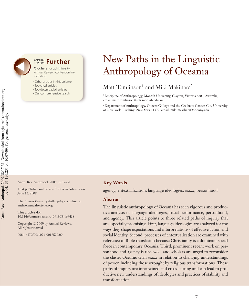 New Paths in the Linguistic Anthropology of Oceania