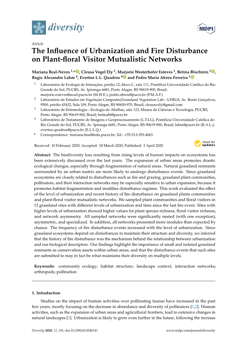 The Influence of Urbanization and Fire Disturbance on Plant-Floral Visitor