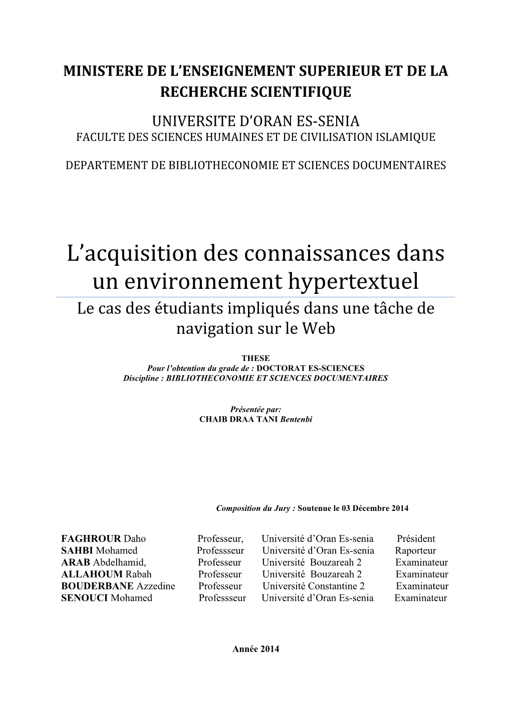 L'acquisition Des Connaissances Dans Un Environnement Hypertextuel