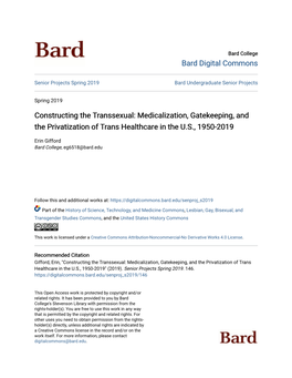 Constructing the Transsexual: Medicalization, Gatekeeping, and the Privatization of Trans Healthcare in the U.S., 1950-2019