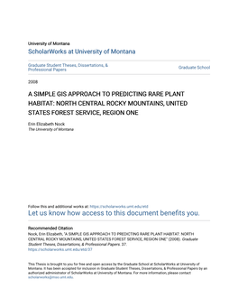 A Simple Gis Approach to Predicting Rare Plant Habitat: North Central Rocky Mountains, United States Forest Service, Region One