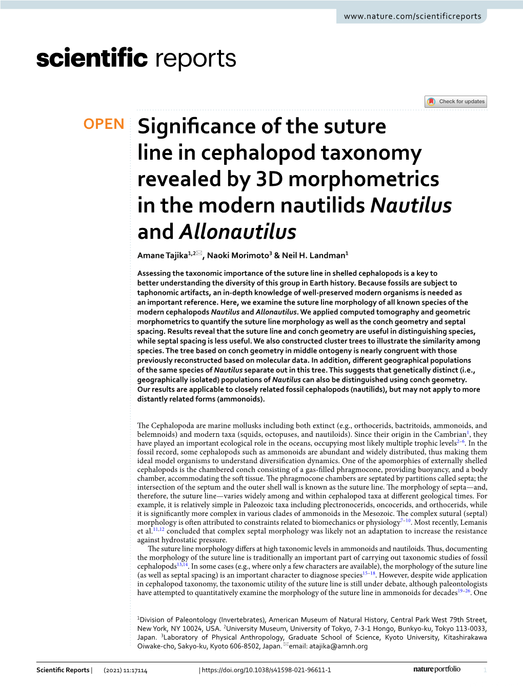 Significance of the Suture Line in Cephalopod Taxonomy Revealed by 3D Morphometrics in the Modern Nautilids Nautilus and Allonau