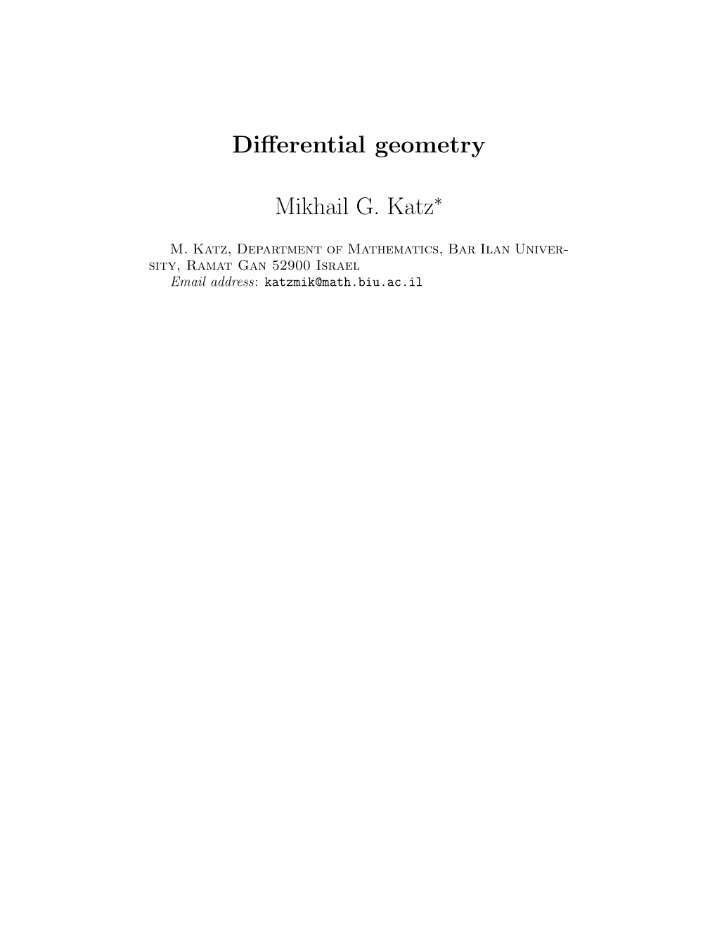 Differential Geometry Mikhail G. Katz∗