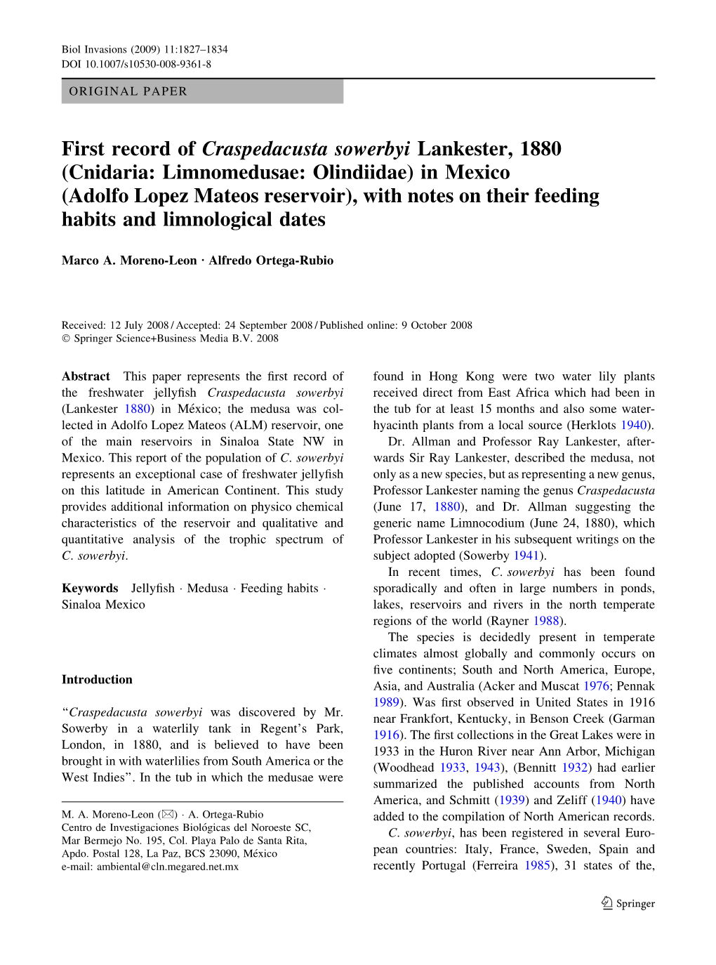 First Record of Craspedacusta Sowerbyi Lankester, 1880 (Cnidaria