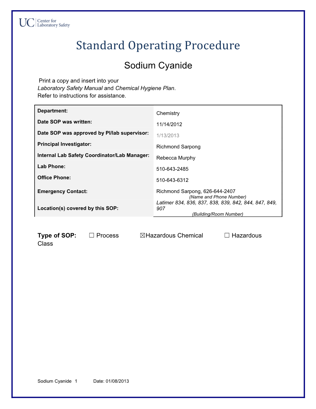 Type of SOP: Process Hazardous Chemical Hazardous Class