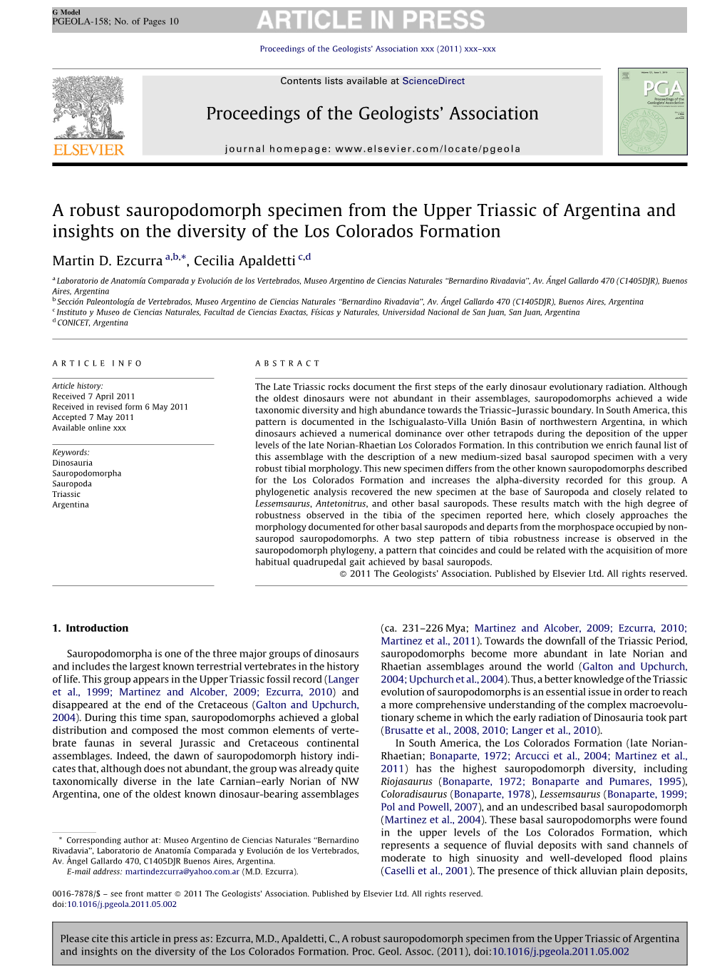 A Robust Sauropodomorph Specimen from the Upper Triassic of Argentina And