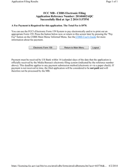 FCC MB - CDBS Electronic Filing Application Reference Number: 20140402AQC Successfully Filed at Apr 2 2014 5:57PM