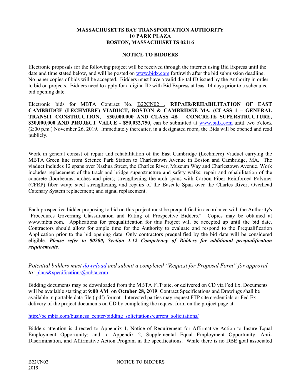 Potential Bidders Must Download and Submit a Completed “Request for Proposal Form” for Approval To: Plans&Specifications@Mbta.Com