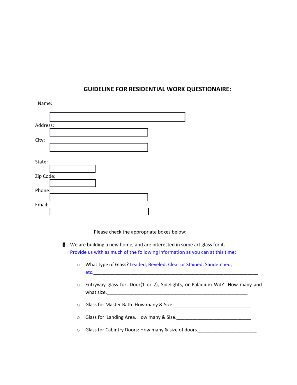 Guideline for Residential Work Questionaire