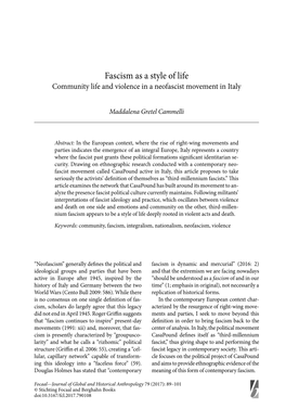 Fascism As a Style of Life Community Life and Violence in a Neofascist Movement in Italy