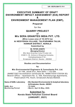 Executive Summary of Draft Environment Impact Assessment (Eia) Report & Environment Management Plan (Emp)