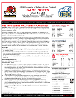 GAME NOTES Week 3 @ UBC Saturday, September 14, 2019 • 3 P.M