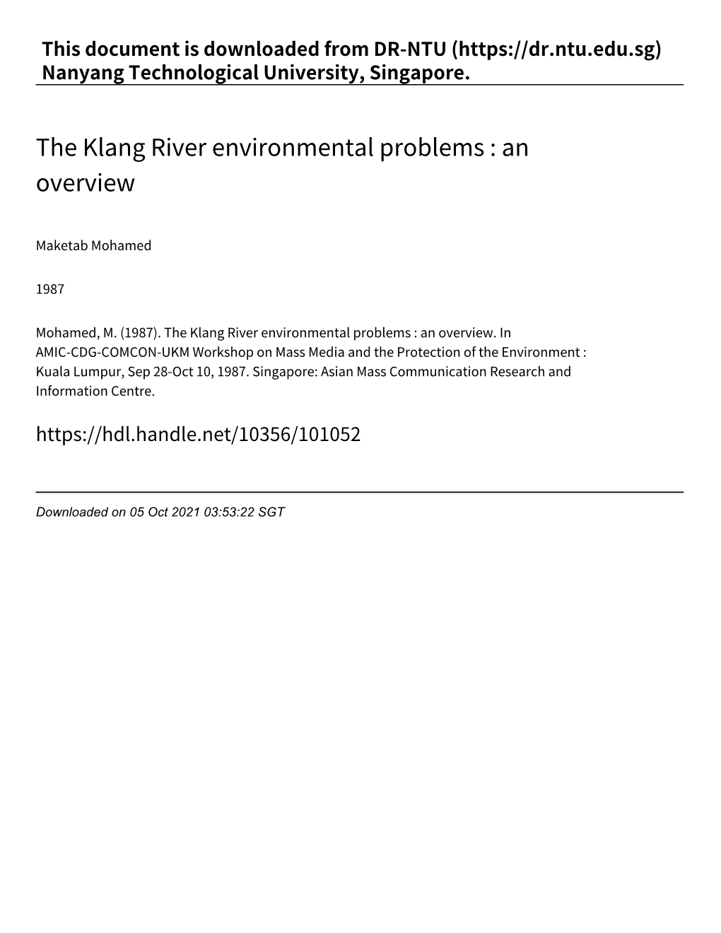 The Klang River Environmental Problems : an Overview