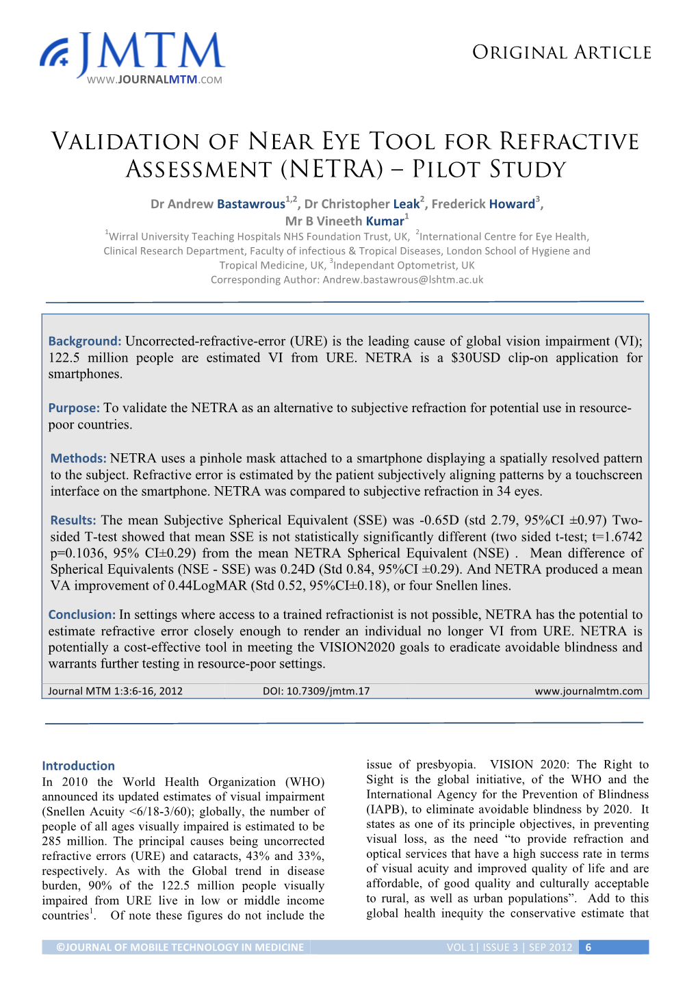 Validation of Near Eye Tool for Refractive Assessment (NETRA) – Pilot Study
