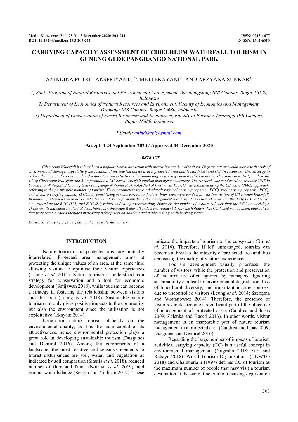 Carrying Capacity Assessment of Cibeureum Waterfall Tourism in Gunung Gede Pangrango National Park