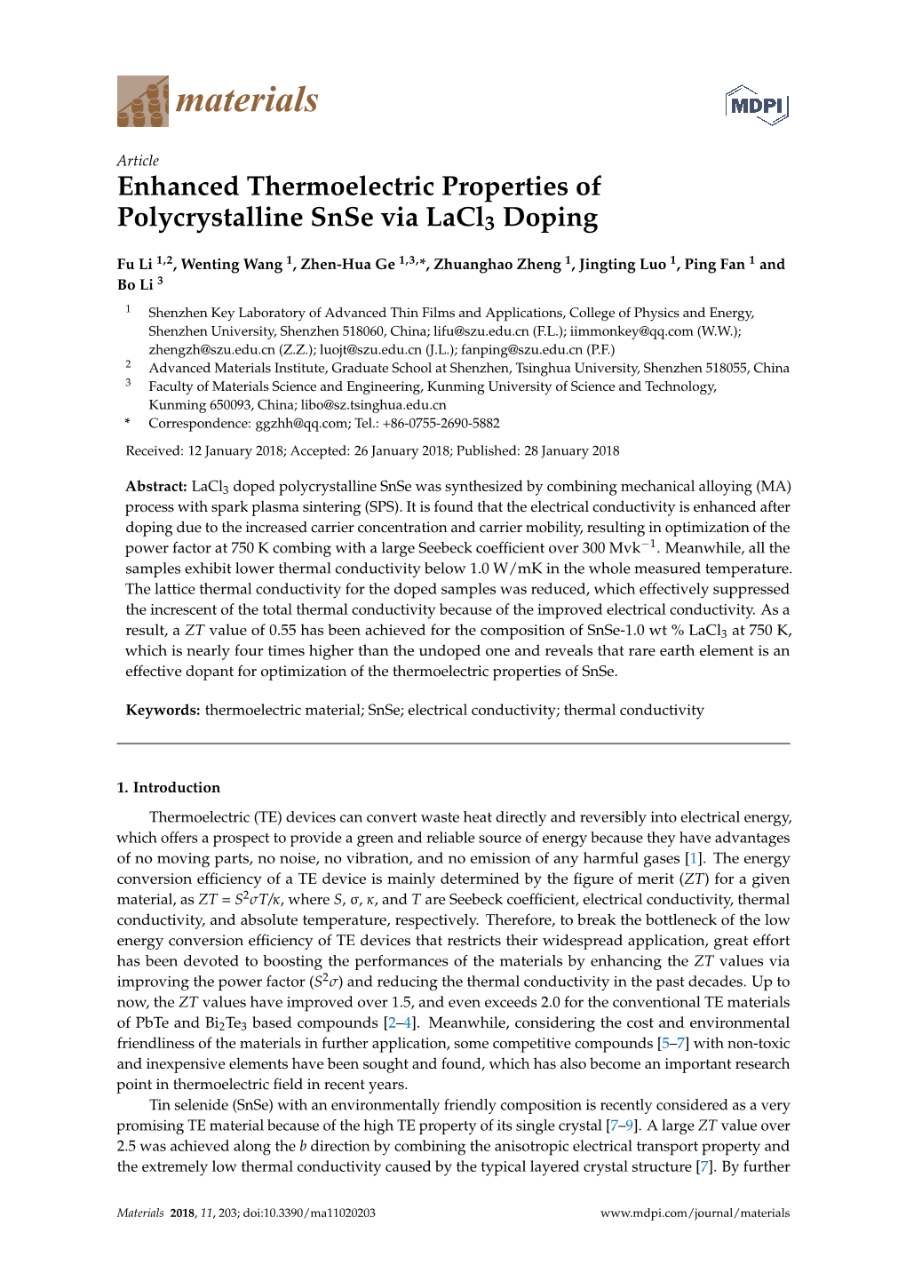 Enhanced Thermoelectric Properties of Polycrystalline Snse Via Lacl3 Doping