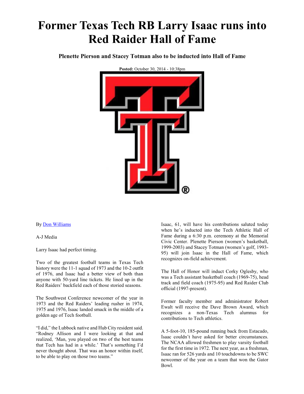 Former Texas Tech RB Larry Isaac Runs Into Red Raider Hall of Fame