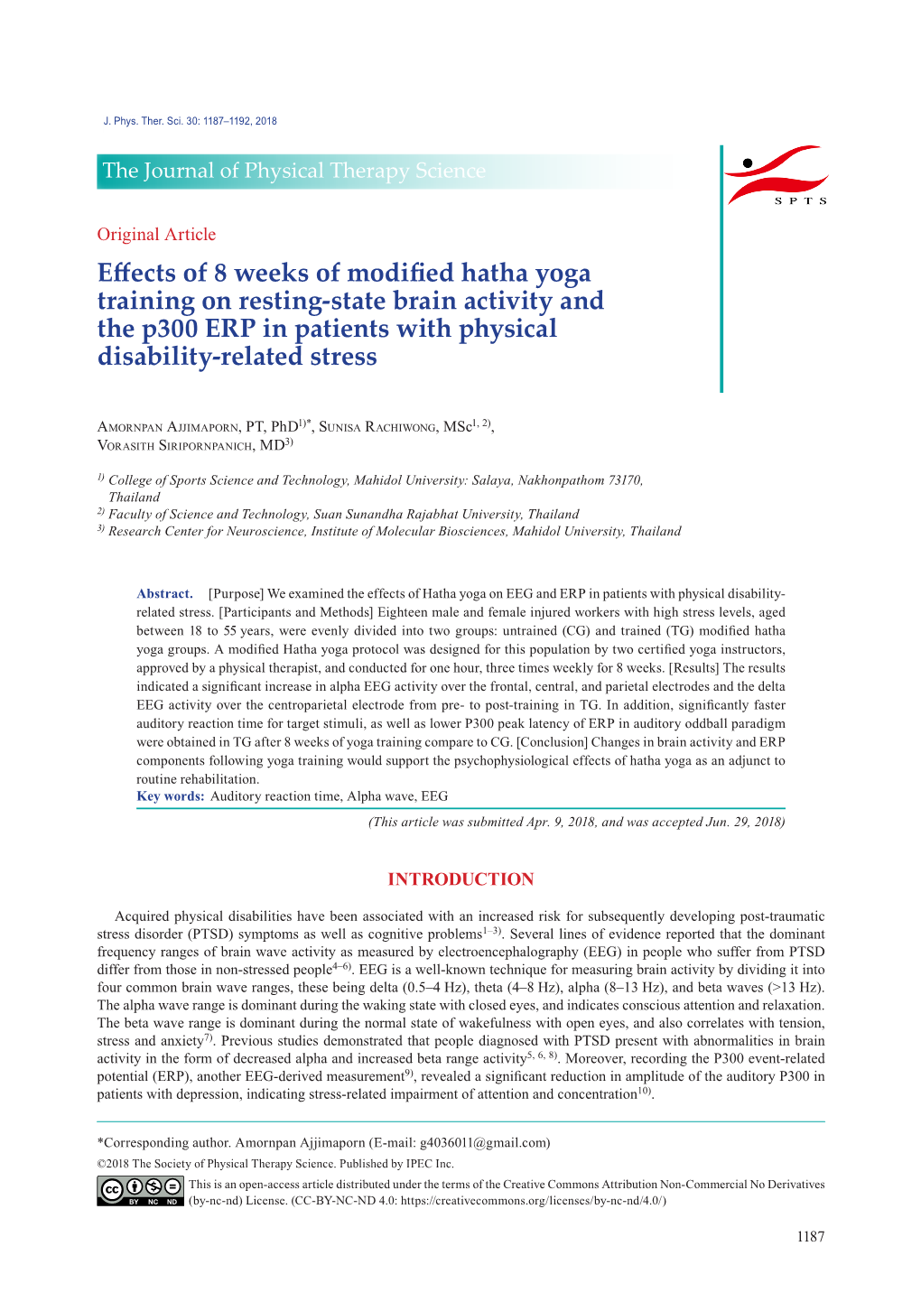 Effects of 8 Weeks of Modified Hatha Yoga Training on Resting-State Brain Activity and the P300 ERP in Patients with Physical Disability-Related Stress