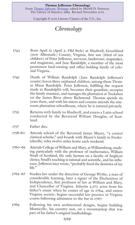 Chronology from Thomas Jefferson: Writings, Edited by Merrill D