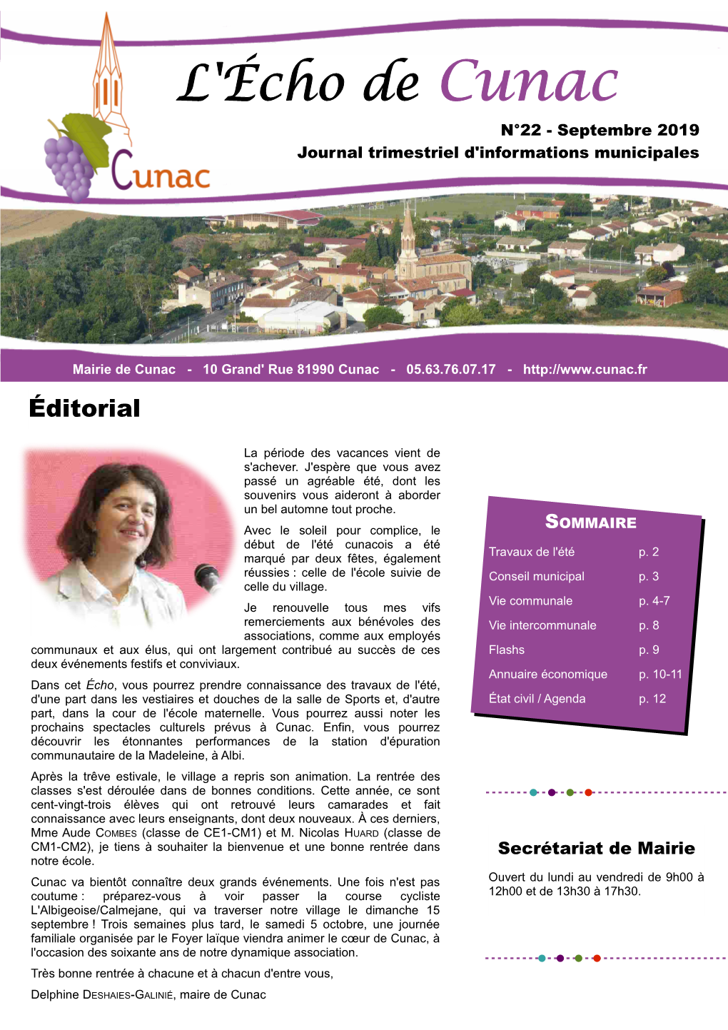 L'écho De Cunac N°22 - Septembre 2019 Journal Trimestriel D'informations Municipales