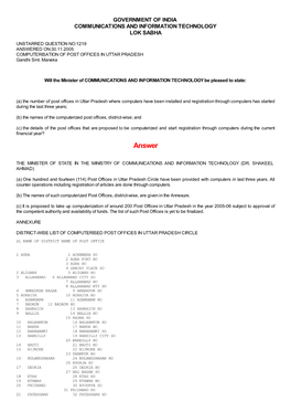 ANSWERED ON:30.11.2005 COMPUTERISATION of POST OFFICES in UTTAR PRADESH Gandhi Smt
