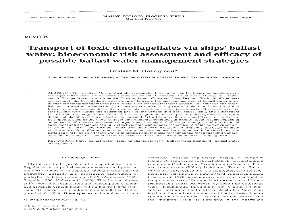 Transport of Toxic Dinoflagellates Via Ships' Ballast Water: Bioeconomic Risk Assessment and Efficacy of Possible Ballast Water Management Strategies