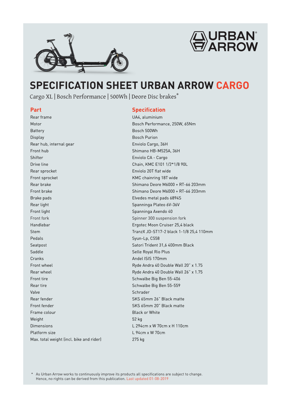 SPECIFICATION SHEET URBAN ARROW CARGO Cargo XL | Bosch Performance | 500Wh | Deore Disc Brakes*