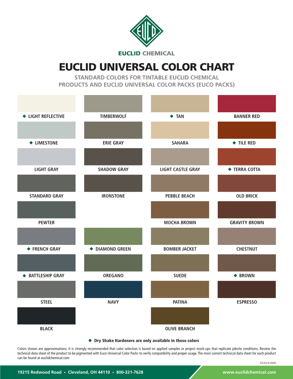 Euclid Universal Color Chart Standard Colors for Tintable Euclid Chemical Products and Euclid Universal Color Packs (Euco Packs)