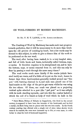 214 April 1882. on Wool-Combing by Modern Machinery