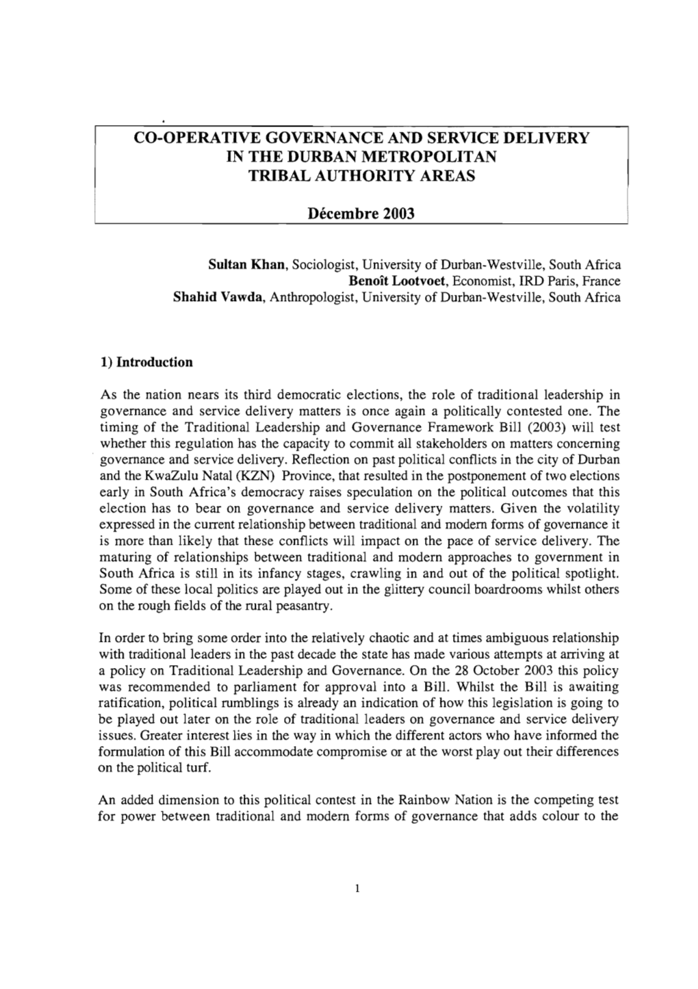 Co-Operative Governance and Service Delivery in the Durban Metropolitan Tribal Authority Areas Durban (ZAF); Paris : University of Durban Westville