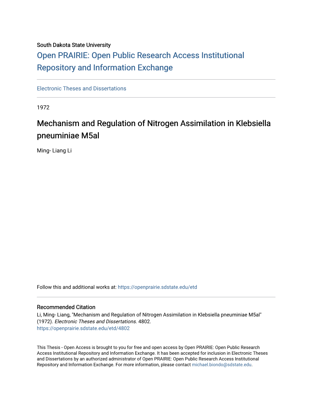 Mechanism and Regulation of Nitrogen Assimilation in Klebsiella Pneuminiae M5al