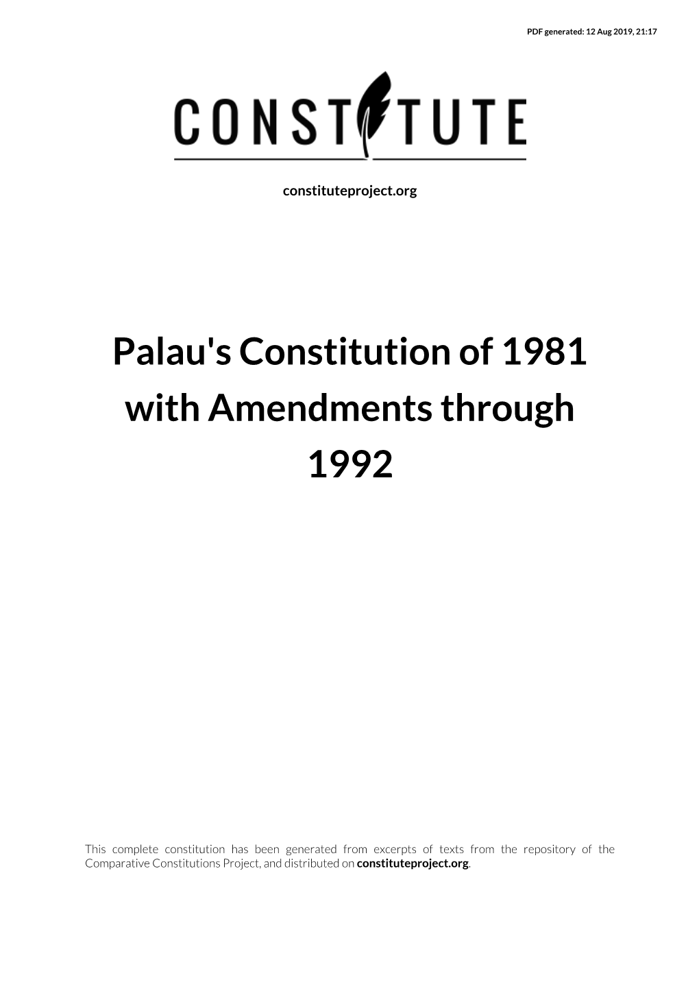 Palau's Constitution of 1981 with Amendments Through 1992