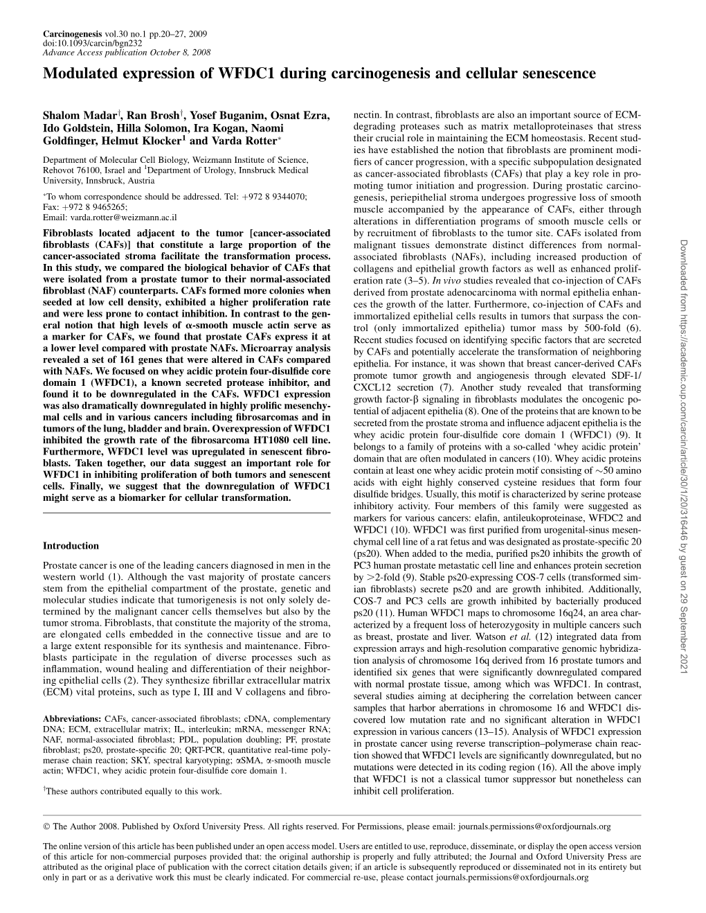 Modulated Expression of WFDC1 During Carcinogenesis and Cellular Senescence