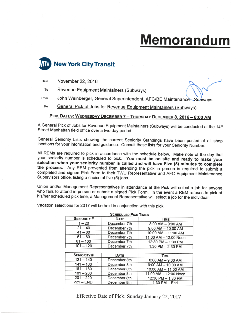 2017 REM Pick Notification Memo