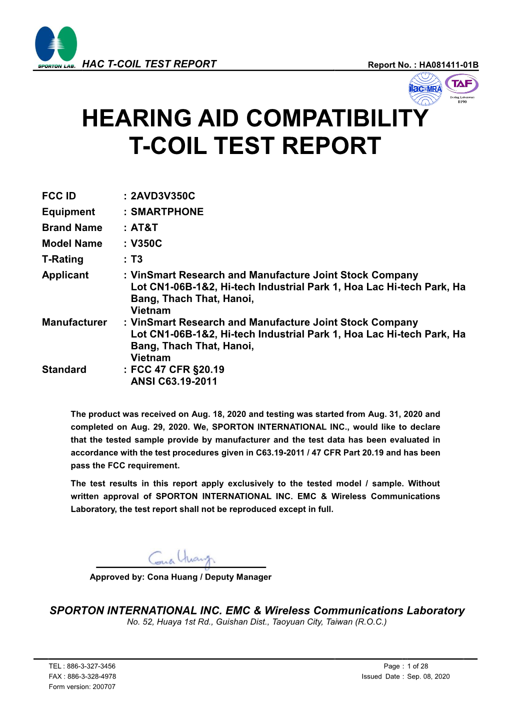 Hearing Aid Compatibility T-Coil Test Report