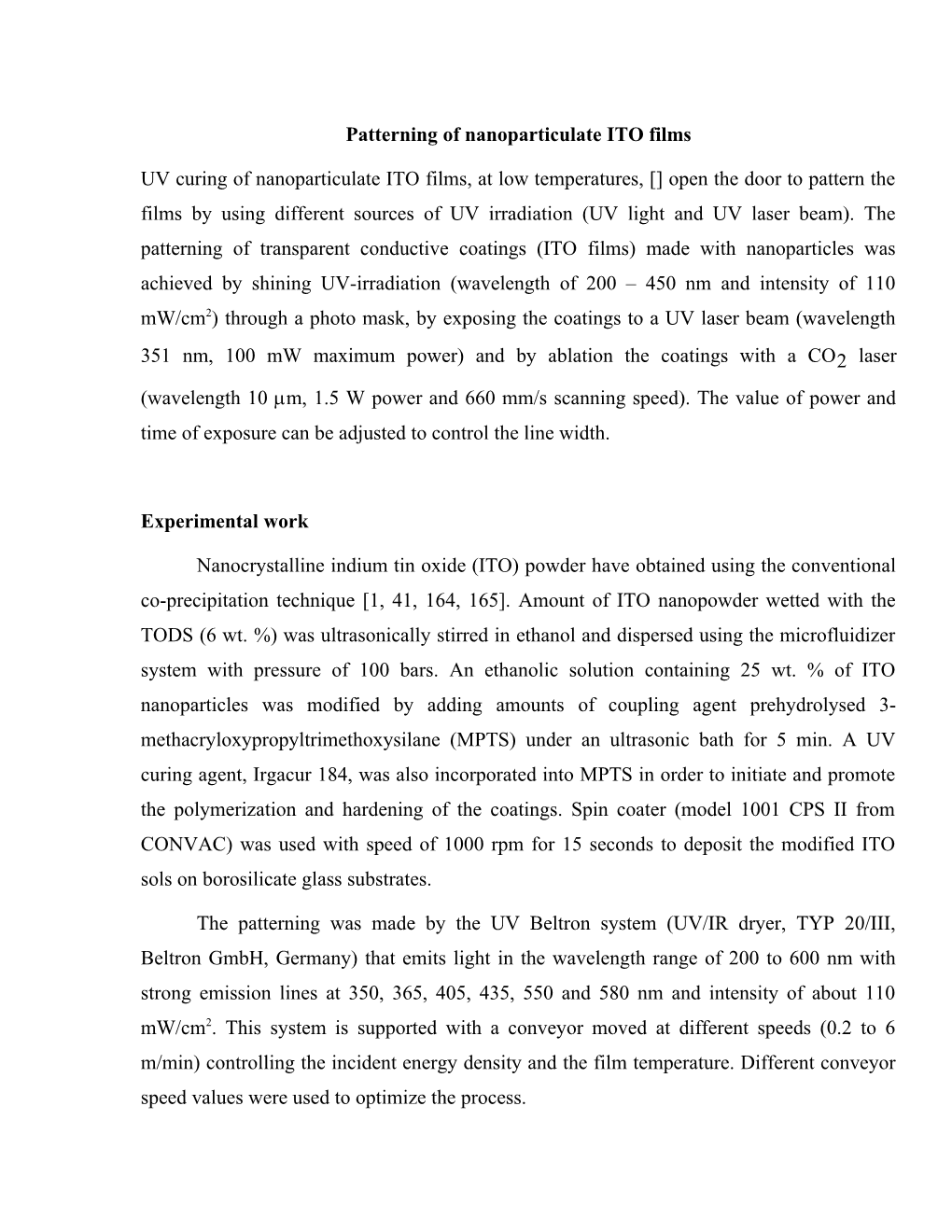 Patterning of Nanoparticulate ITO Films