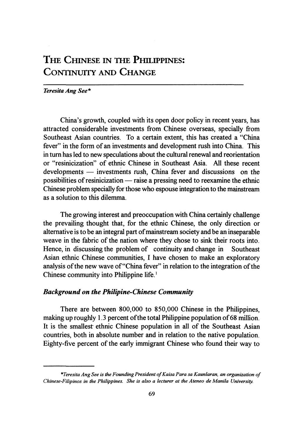 The Chinese in the Philippines: Continuity and Change