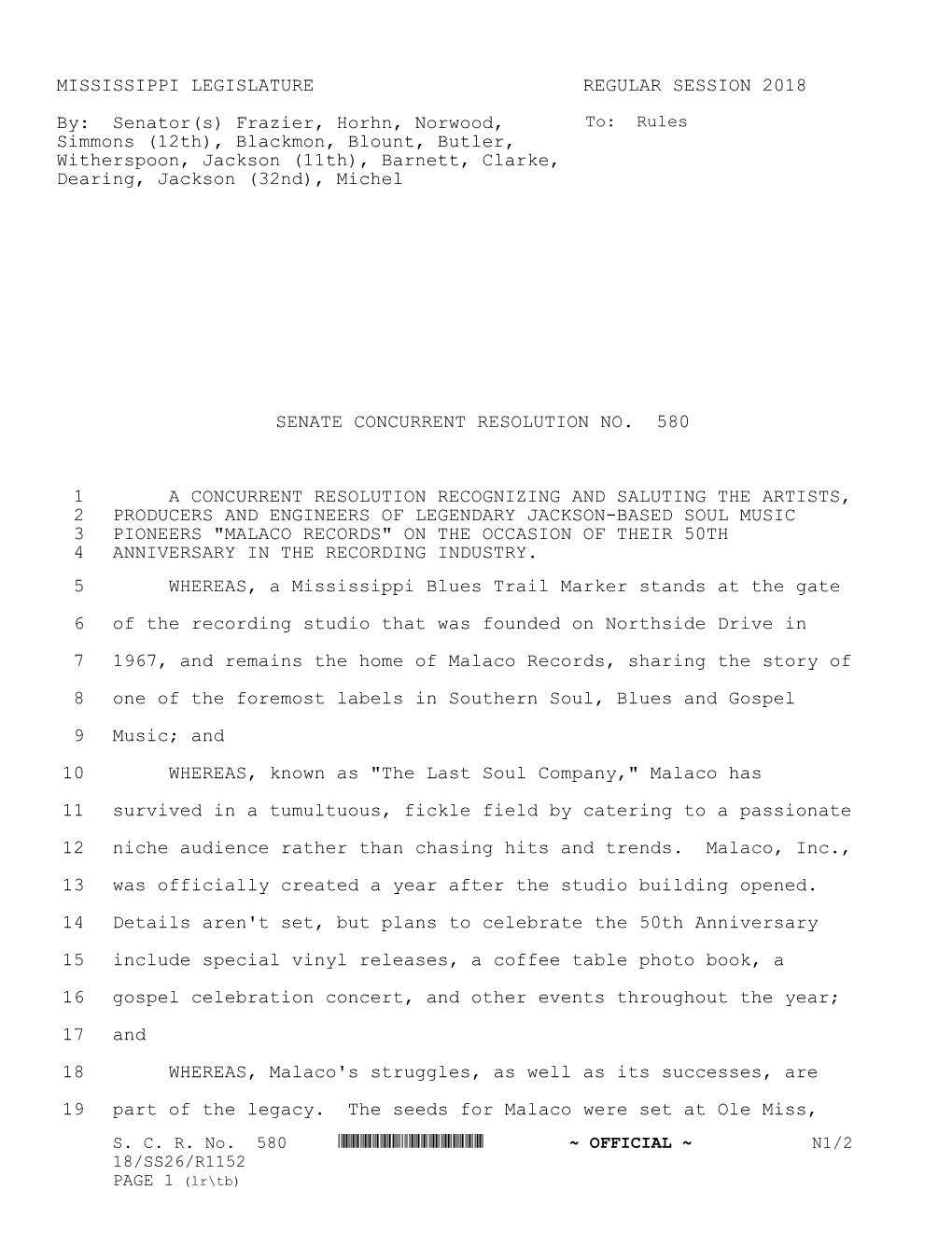 MISSISSIPPI LEGISLATURE REGULAR SESSION 2018 By