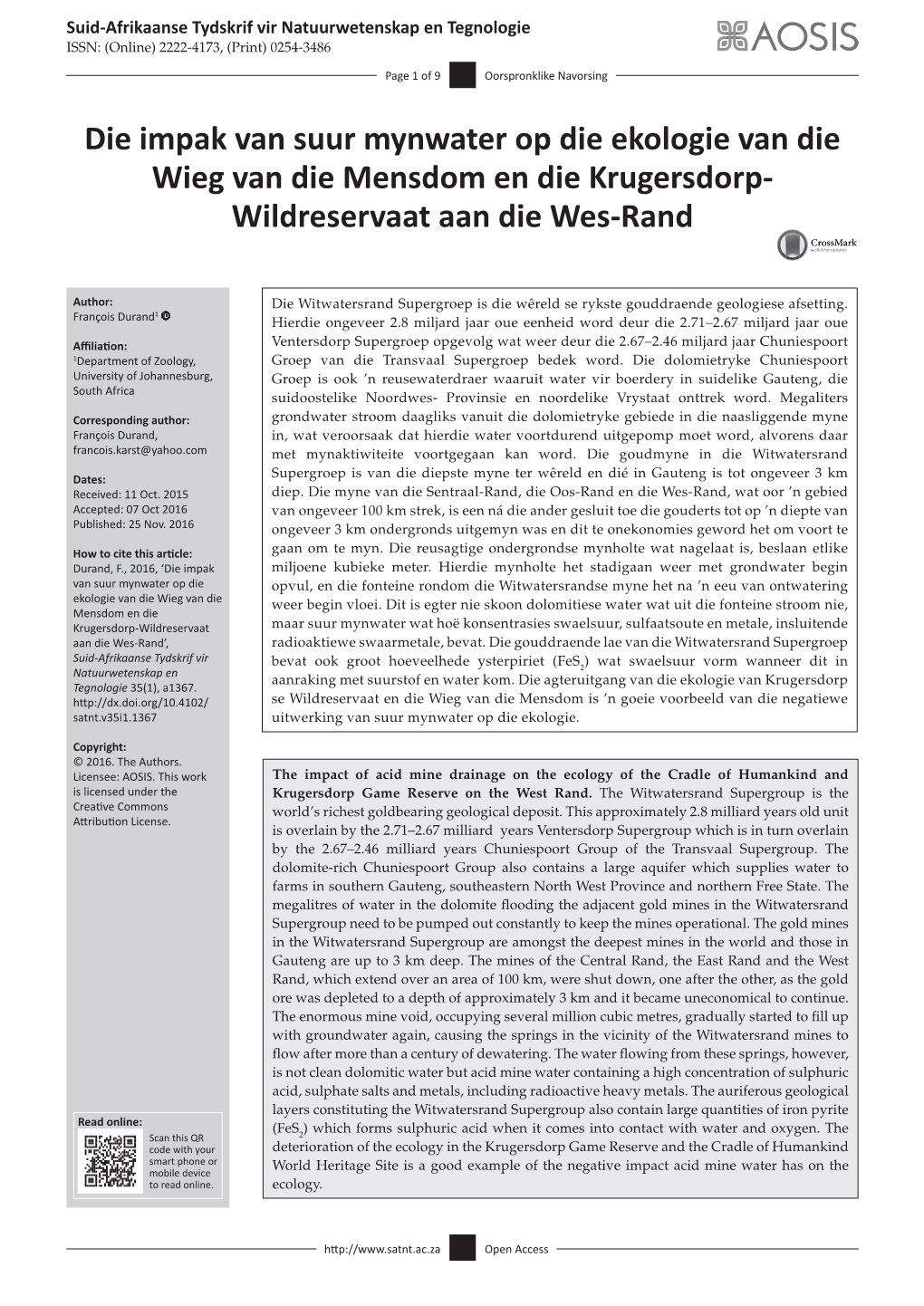 Die Impak Van Suur Mynwater Op Die Ekologie Van Die Wieg Van Die Mensdom En Die Krugersdorp- Wildreservaat Aan Die Wes-Rand