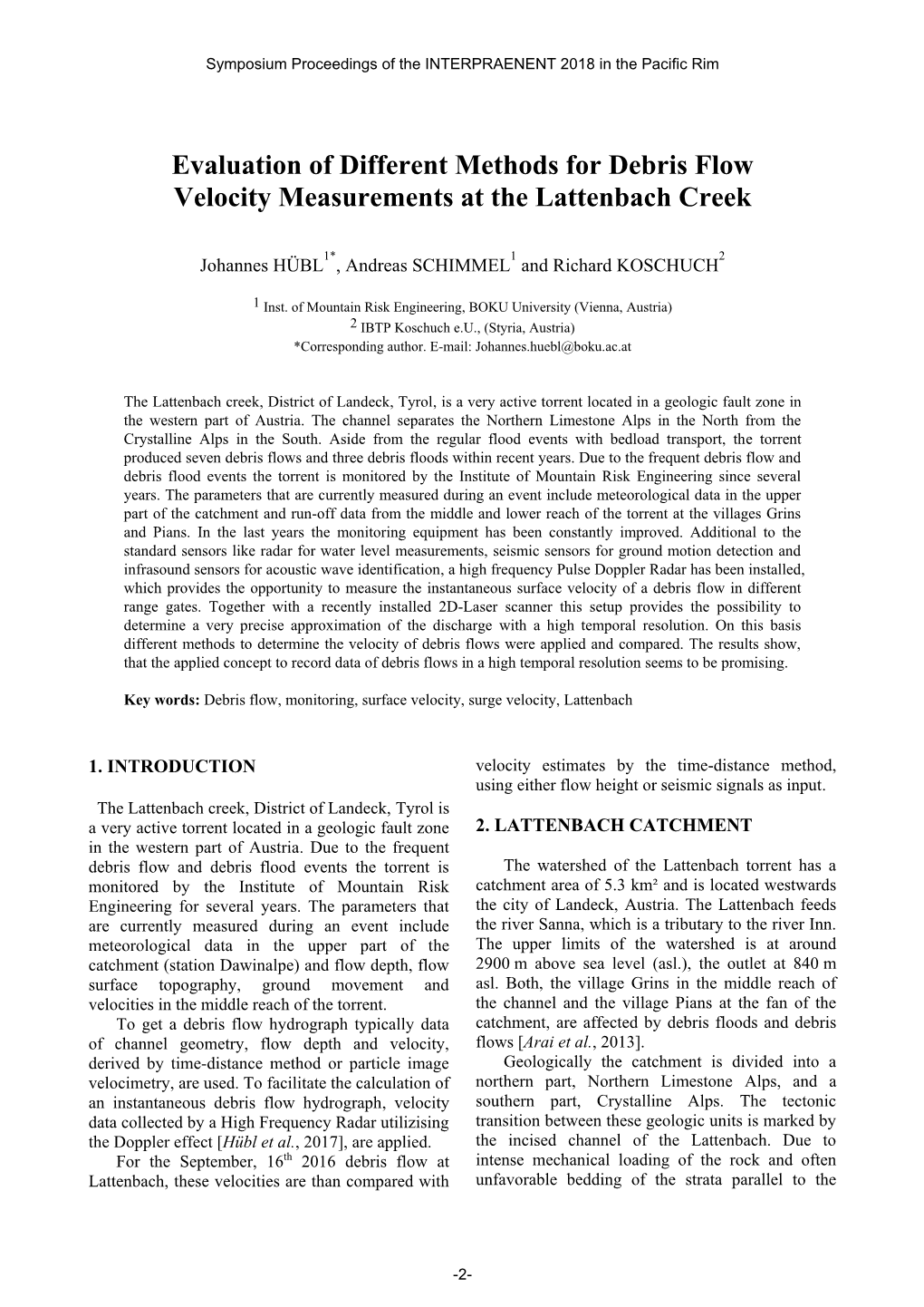 Evaluation of Different Methods for Debris Flow Velocity Measurements at the Lattenbach Creek